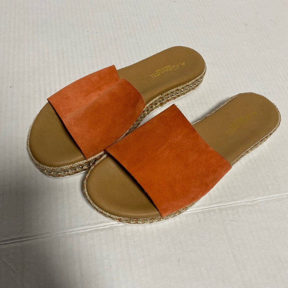 A Giannetti Italy Leather Slide Sandals Women 8 Orange Espadrille Studded Resort